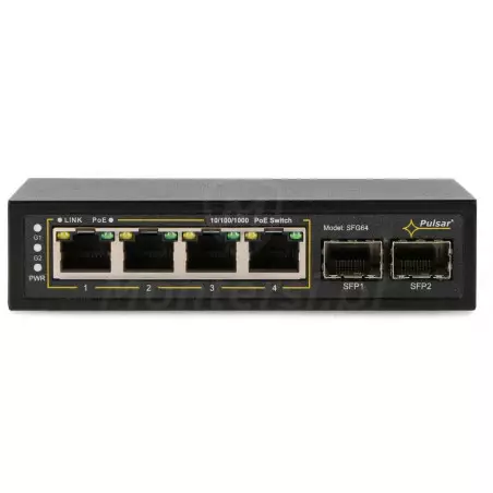 SFG64 - 6-portowy switch, 4x PoE at/af GE, 2x UPLINK SFP - front