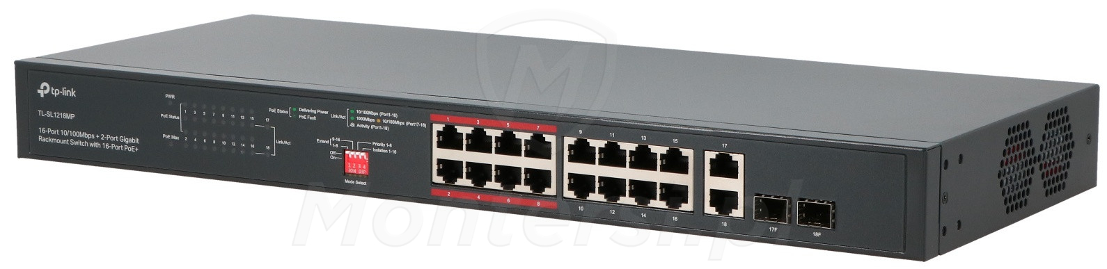 TL-SL1218MP - 16-portowy switch , 16x PoE af/at, 2x SFP