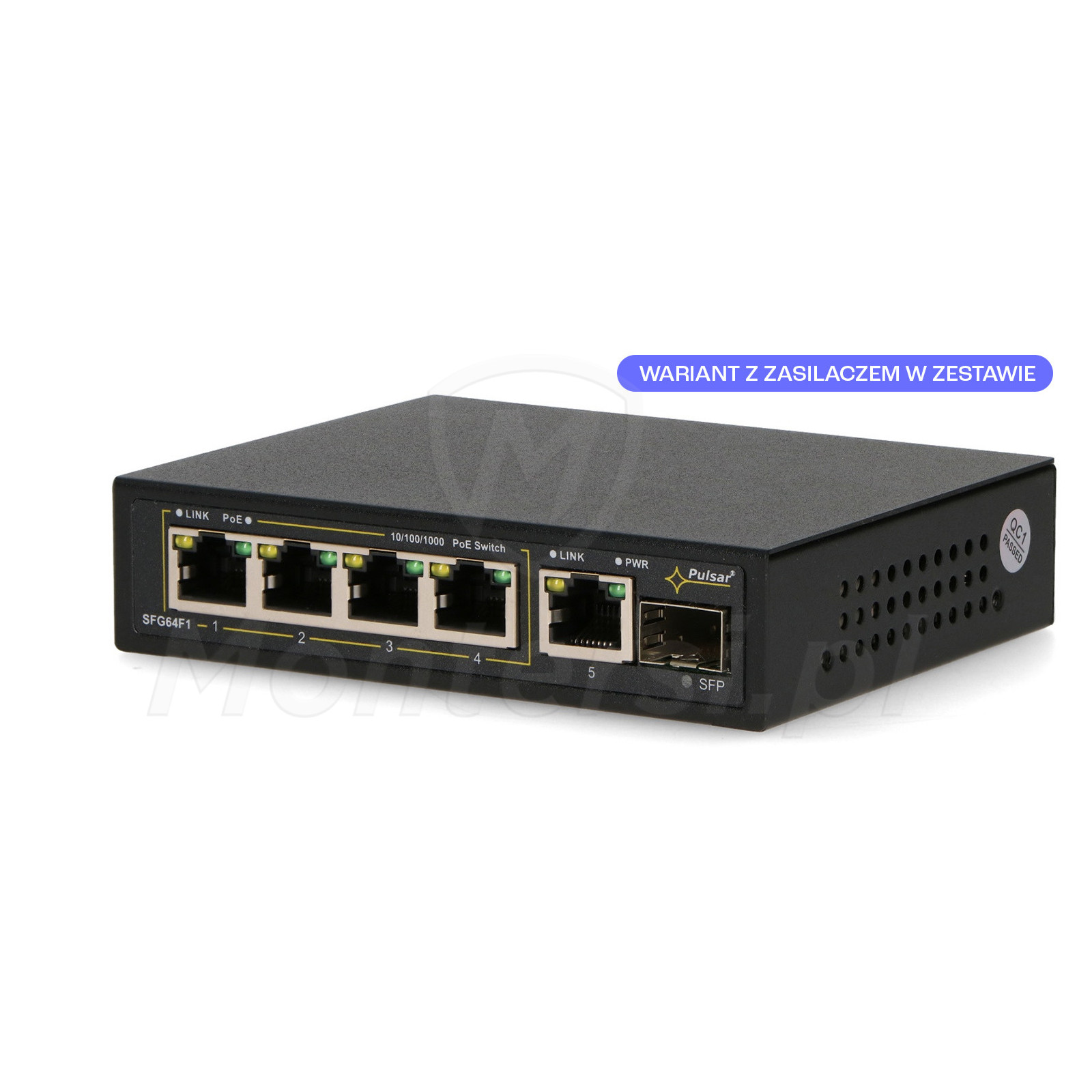 SFG64 - 6-portowy switch, 4x PoE at/af GE, UPLINK, SFP UPLINK - front