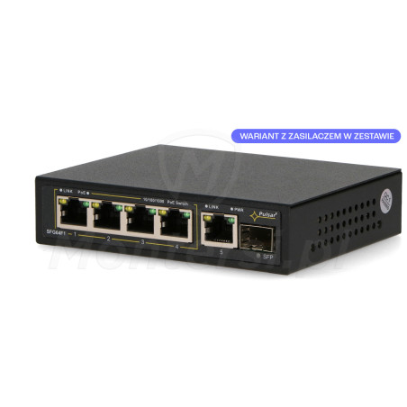 SFG64 - 6-portowy switch, 4x PoE at/af GE, UPLINK, SFP UPLINK - front