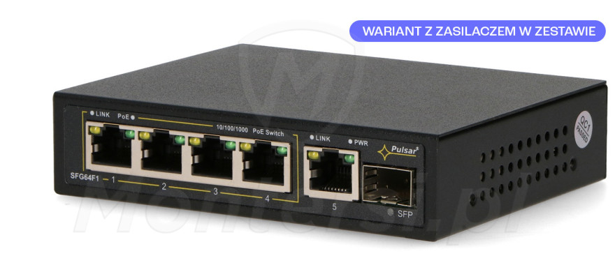 SFG64 - 6-portowy switch, 4x PoE at/af GE, UPLINK, SFP UPLINK - front